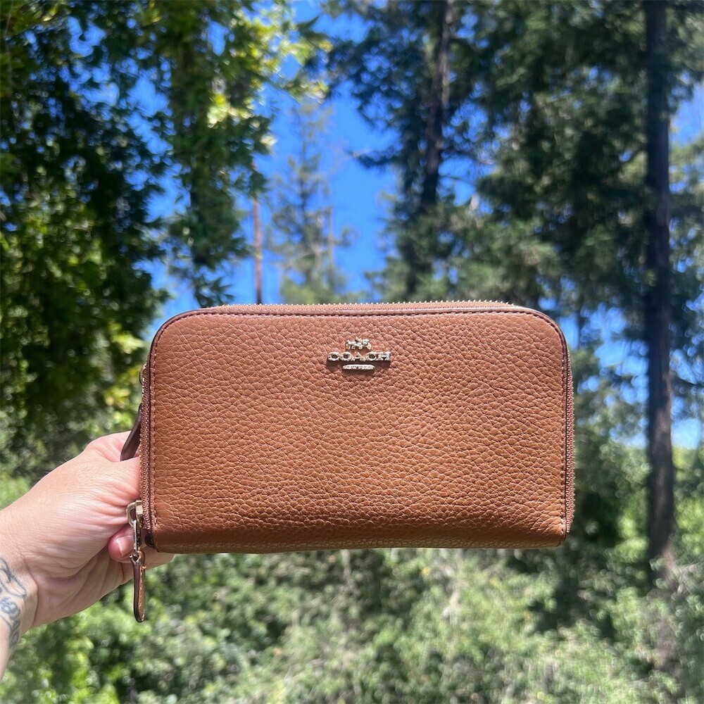 COACH Double Zip Travel Wallet Brown Pebble Leather with Gold Hardware AUTHENTIC